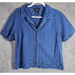 VTG Requirements  Denim Button Up Shirt Womens‎ Size XL Blue Floral Cut Out Hem